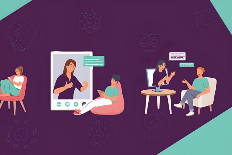 Illustration showing people engaged in authentic, emotional conversations through video calls and face-to-face meetings. This visual reflects the shift toward real, human-centered storytelling in communication, a key element of communication Trends 2025 Vyneei, where brands prioritize authenticity and emotional connection over polished, corporate messaging.