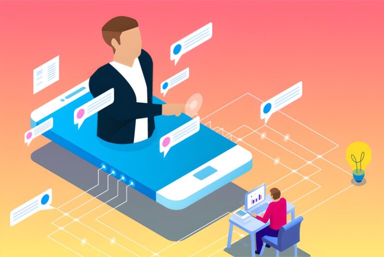 Illustration of a digital communication environment, where a person emerges from a smartphone screen surrounded by chat bubbles, symbolizing interactive and real-time engagement. This visual reflects the rise of conversational marketing and personalized messaging, key elements in communication Trends 2025 Vyneei.